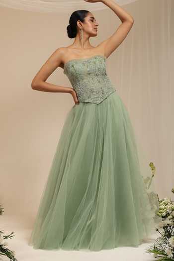 Buy_Amrta By Guneet Kondal_Green Chanderi, Tissue, Tulle Sequins, Hawaayein Embellished Corset And Skirt Set _at_Aza_Fashions