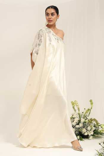 Amrta By Guneet Kondal_Ivory Silk, Shantoon One Shoulder Saawariya Embellished Kaftan _Online_at_Aza_Fashions
