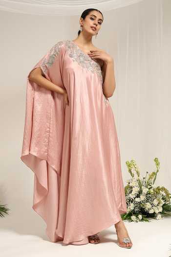 Buy_Amrta By Guneet Kondal_Pink Silk, Dupion One Shoulder Iktara Embellished Kaftan _at_Aza_Fashions