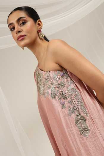 Buy_Amrta By Guneet Kondal_Pink Silk, Dupion One Shoulder Iktara Embellished Kaftan 