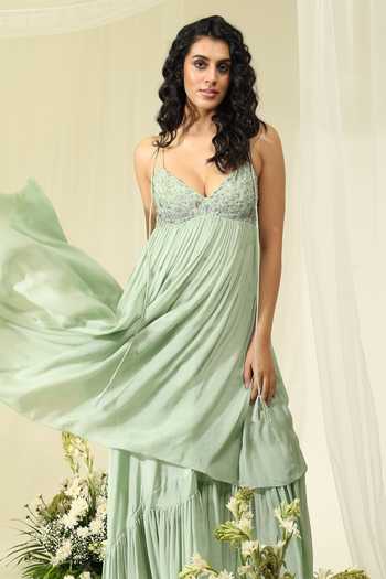 Buy_Amrta By Guneet Kondal_Green Chinon Embroidery, Stones, Tassels Mint Mirage Embellished Layered Gown _Online_at_Aza_Fashions