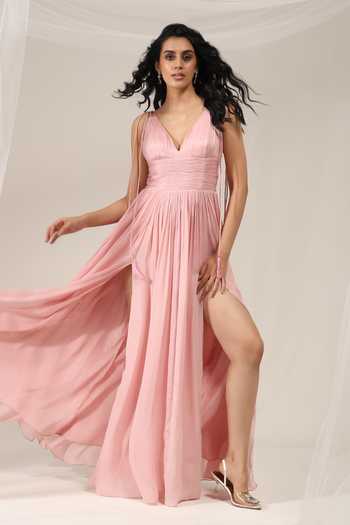 Amrta By Guneet Kondal_Pink Chinon, Shantoon Stones Plunge La Vie En Rose Embroidered Corset With Gown _Online_at_Aza_Fashions