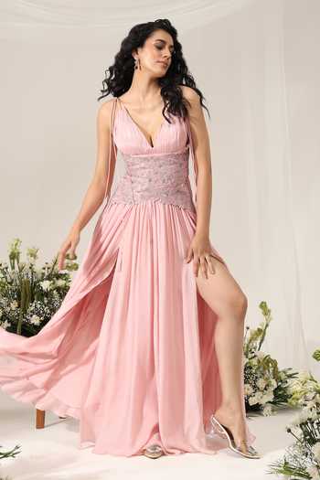 Buy_Amrta By Guneet Kondal_Pink Chinon, Shantoon Stones Plunge La Vie En Rose Embroidered Corset With Gown 