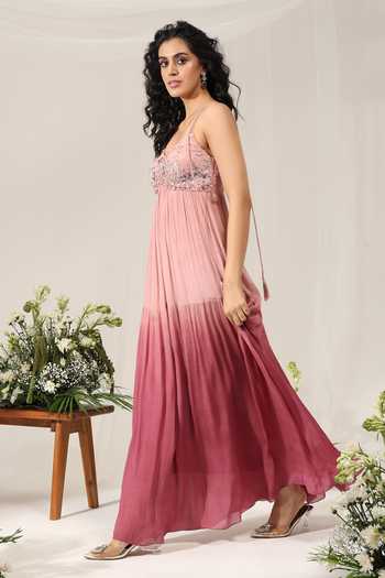 Amrta By Guneet Kondal_Pink Chinon Embroidery Scoop Neck Rose Water Fade Ombre Gown _Online_at_Aza_Fashions