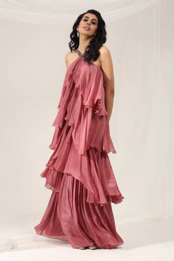Buy_Amrta By Guneet Kondal_Pink Chinon Embroidery Halter Neck Whispering Petals Embellished Gown _at_Aza_Fashions