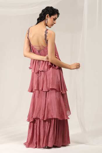 Shop_Amrta By Guneet Kondal_Pink Chinon Embroidery Halter Neck Whispering Petals Embellished Gown _at_Aza_Fashions