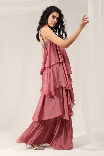 Amrta By Guneet Kondal_Pink Chinon Embroidery Halter Neck Whispering Petals Embellished Gown _Online_at_Aza_Fashions