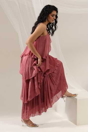 Buy_Amrta By Guneet Kondal_Pink Chinon Embroidery Halter Neck Whispering Petals Embellished Gown _Online_at_Aza_Fashions