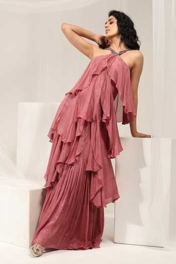 Shop_Amrta By Guneet Kondal_Pink Chinon Embroidery Halter Neck Whispering Petals Embellished Gown _Online_at_Aza_Fashions