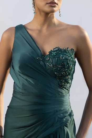 Shop_Amrta By Guneet Kondal_Green Satin Embroidery Asymmetric Neck Echoes Of Teal Embellished Draped Gown _Online_at_Aza_Fashions