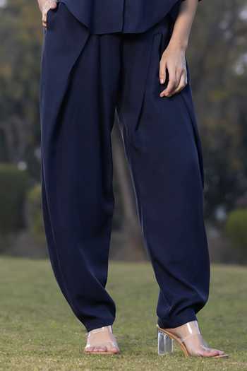 Amrta By Guneet Kondal_Blue Cotton, Viscose, Shantoon Midnight Nomad Embroidered Top And Trouser Set _Online_at_Aza_Fashions