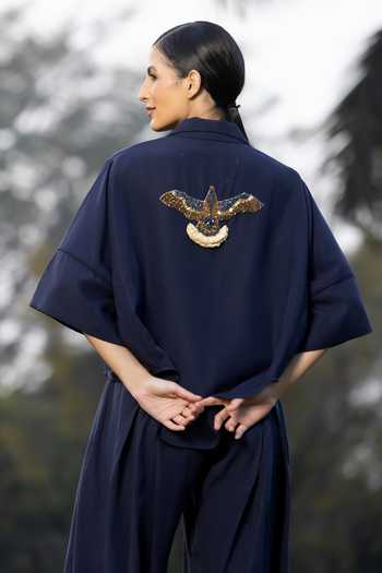 Buy_Amrta By Guneet Kondal_Blue Cotton, Viscose, Shantoon Midnight Nomad Embroidered Top And Trouser Set _Online_at_Aza_Fashions