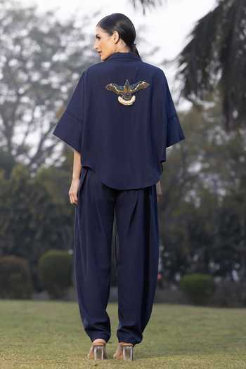 Shop_Amrta By Guneet Kondal_Blue Cotton, Viscose, Shantoon Midnight Nomad Embroidered Top And Trouser Set _at_Aza_Fashions