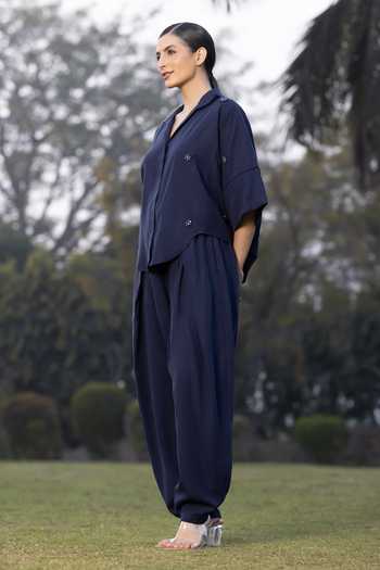 Shop_Amrta By Guneet Kondal_Blue Cotton, Viscose, Shantoon Midnight Nomad Embroidered Top And Trouser Set _Online_at_Aza_Fashions