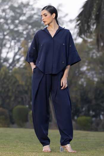 Buy_Amrta By Guneet Kondal_Blue Cotton, Viscose, Shantoon Midnight Nomad Embroidered Top And Trouser Set _at_Aza_Fashions