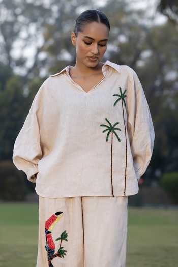 Amrta By Guneet Kondal_Beige Linen, Viscose, Shantoon Desert Palm Embroidered Top And Trouser Set _Online_at_Aza_Fashions