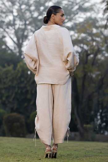 Shop_Amrta By Guneet Kondal_Beige Linen, Viscose, Shantoon Desert Palm Embroidered Top And Trouser Set _at_Aza_Fashions