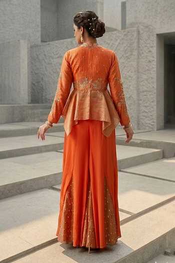 Shop_Shreeka_Orange Silk, Organza, Crepe, Tissue V-neck Embroidered Peplum Top Sharara Set _at_Aza_Fashions