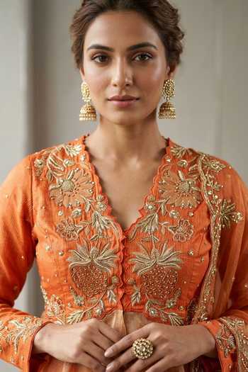 Buy_Shreeka_Orange Silk, Organza, Crepe, Tissue V-neck Embroidered Peplum Top Sharara Set _Online_at_Aza_Fashions