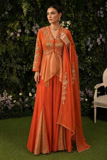 Shop_Shreeka_Orange Silk, Organza, Crepe, Tissue V-neck Embroidered Peplum Top Sharara Set _Online_at_Aza_Fashions