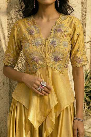 Buy_Shreeka_Yellow Cotton, Satin, Viscose, Floral Hand Embroidered Peplum Top And Pant Set _Online_at_Aza_Fashions