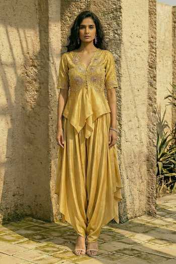 Shop_Shreeka_Yellow Cotton, Satin, Viscose, Floral Hand Embroidered Peplum Top And Pant Set _at_Aza_Fashions