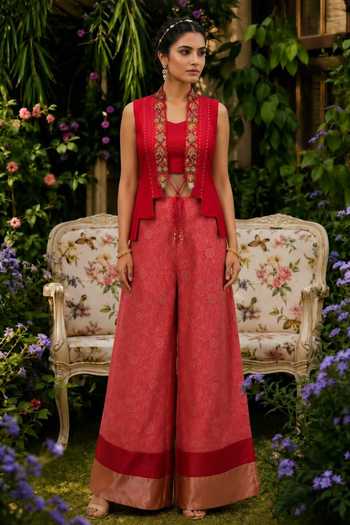 Buy_Shreeka_Orange Silk, Cotton, Organza Open Neck, Floral Embroidered Jacket Pant Set _at_Aza_Fashions