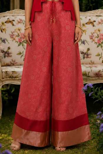Shreeka_Orange Silk, Cotton, Organza Open Neck, Floral Embroidered Jacket Pant Set _Online_at_Aza_Fashions