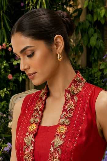 Buy_Shreeka_Orange Silk, Cotton, Organza Open Neck, Floral Embroidered Jacket Pant Set _Online_at_Aza_Fashions