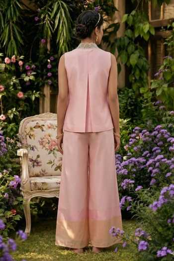 Shop_Shreeka_Pink Silk, Cotton, Organza Open Neck, Zardozi Embroidered Jacket Pant Set _at_Aza_Fashions