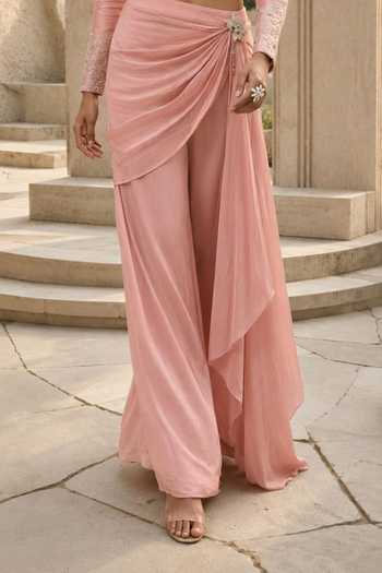 Shreeka_Pink Silk, Organza, Georgette, Crepe Floral Embroidered Bolero Jacket And Pant Set _Online_at_Aza_Fashions