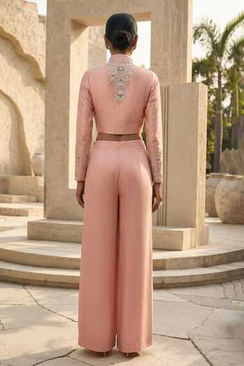 Shop_Shreeka_Pink Silk, Organza, Georgette, Crepe Floral Embroidered Bolero Jacket And Pant Set _at_Aza_Fashions