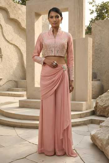 Buy_Shreeka_Pink Silk, Organza, Georgette, Crepe Floral Embroidered Bolero Jacket And Pant Set _Online_at_Aza_Fashions