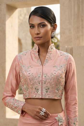 Shop_Shreeka_Pink Silk, Organza, Georgette, Crepe Floral Embroidered Bolero Jacket And Pant Set _Online_at_Aza_Fashions