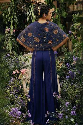 Shop_Shreeka_Blue Organza, Satin V-neck Embroidered Blouse And Sharara Set _at_Aza_Fashions
