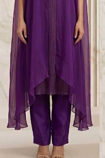 Shreeka_Purple Organza, Chanderi Shawl Neck, Split Embroidered Cape And Kurta Set _Online_at_Aza_Fashions