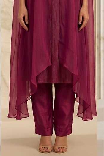 Shreeka_Wine Organza, Chanderi Mandarin Collar, Split Dabka Embroidered Cape And Kurta Set _Online_at_Aza_Fashions