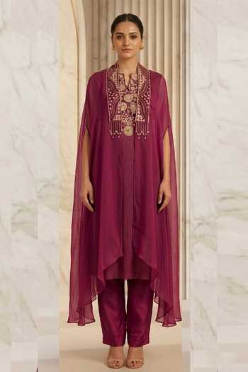 Shop_Shreeka_Wine Organza, Chanderi Mandarin Collar, Split Dabka Embroidered Cape And Kurta Set _Online_at_Aza_Fashions