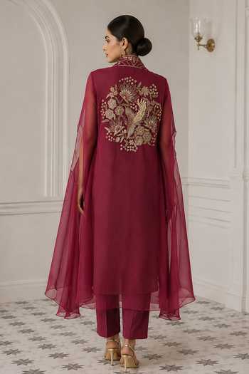Shop_Shreeka_Wine Organza, Chanderi Mandarin Collar, Split Dabka Embroidered Cape And Kurta Set _at_Aza_Fashions