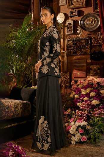 Buy_Shreeka_Black Satin, Organza, Crepe Embroidery, Sequins, Zari, Cut Jacket And Palazzo Set _Online_at_Aza_Fashions