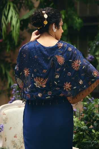 Shreeka_Navy Organza, Satin, Modal, Crepe Embroidery, Sequins, Pearls, Floral Cape Gown _Online_at_Aza_Fashions