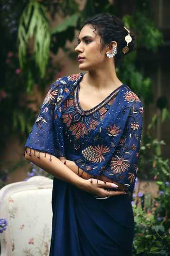 Buy_Shreeka_Navy Organza, Satin, Modal, Crepe Embroidery, Sequins, Pearls, Floral Cape Gown _Online_at_Aza_Fashions