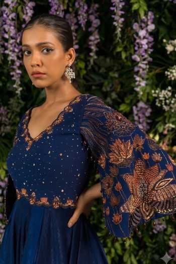 Shreeka_Blue Georgette, Crepe Sequins, Beads, Zari, Cut Work, Yoke Embroidered Gown _Online_at_Aza_Fashions