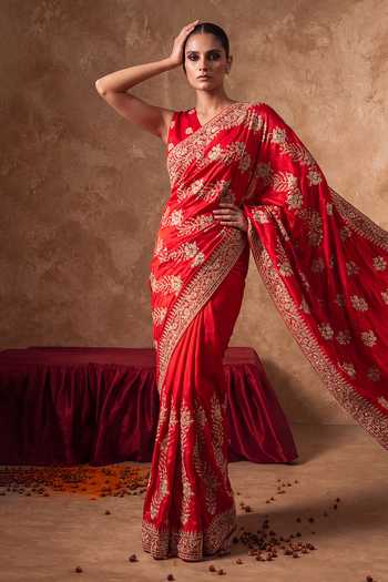 Shop_Two Sisters By Gyans_Red Silk Saree With Unstitched Blouse Fabric _Online_at_Aza_Fashions
