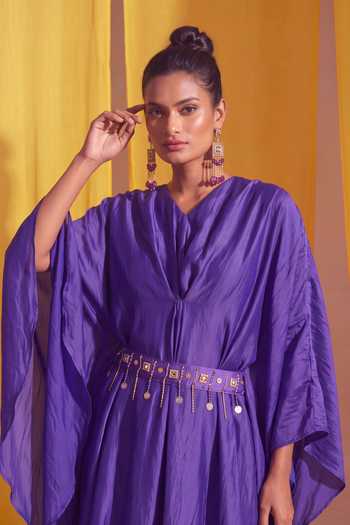 Two Sisters By Gyans_Purple Georgette, Satin V-neck Draped Kaftan And Pant Set _Online_at_Aza_Fashions