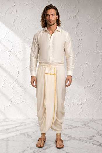 Buy_Bubber Couture_Off White Silk, Cotton Ridhaan Pre Stitched Dhoti Pant _at_Aza_Fashions