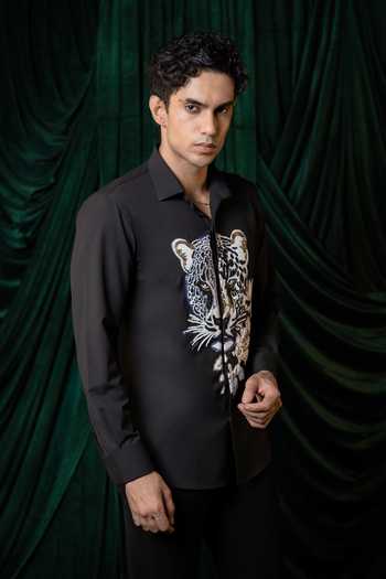 Shop_Hilo Design_Black Strix Embroidered Shirt _at_Aza_Fashions