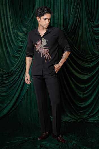 Shop_Hilo Design_Black Marquee Embroidered Shirt _at_Aza_Fashions