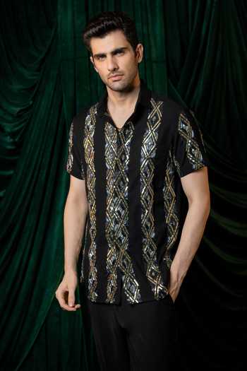 Buy_Hilo Design_Black Kairo Embroidered Shirt _at_Aza_Fashions