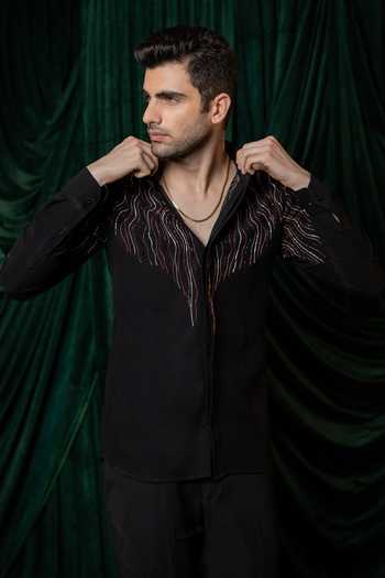Buy_Hilo Design_Black Waveform Embroidered Shirt _at_Aza_Fashions